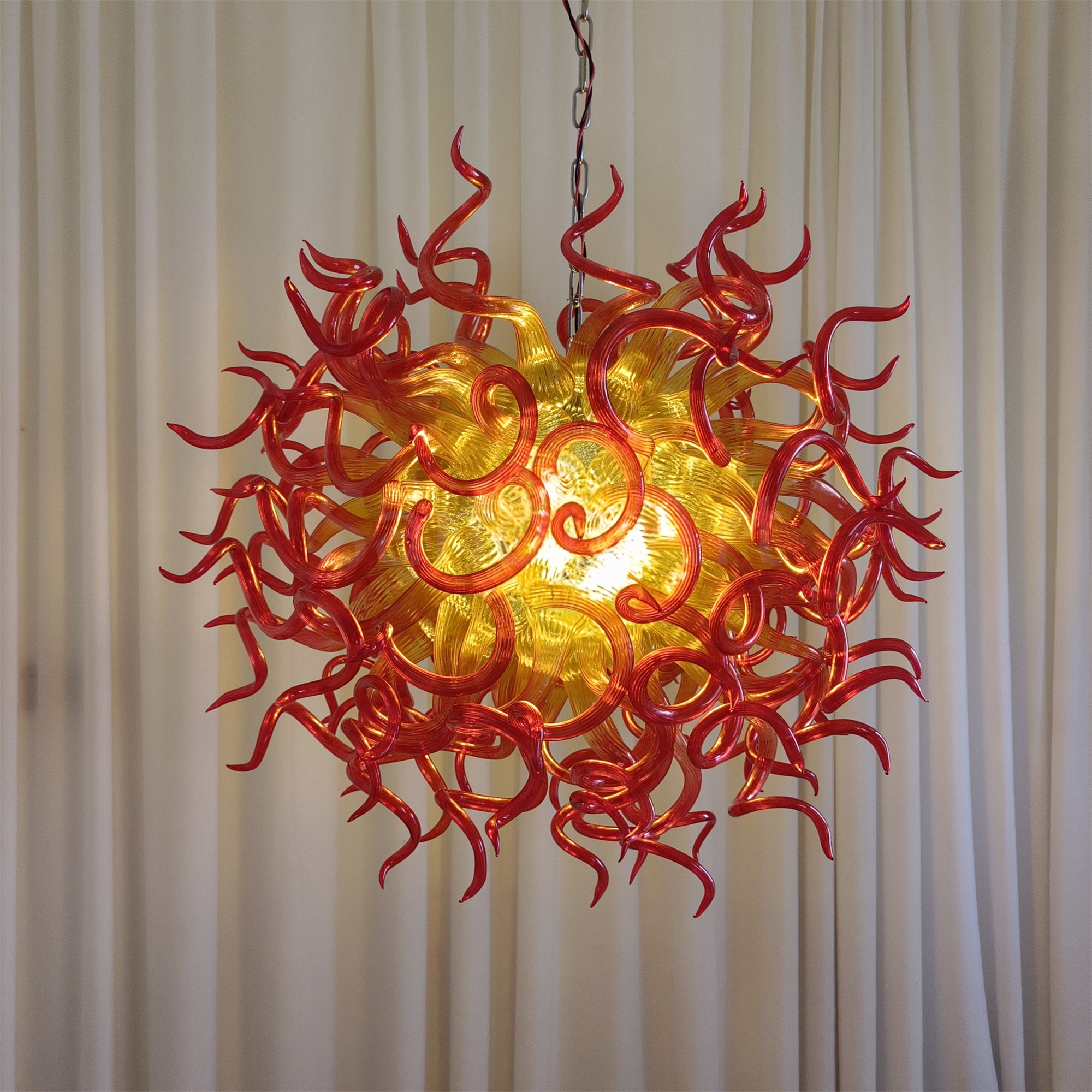 Orange to Amber Gradient hand made blown Art Deco chandelier spiral tendrils
