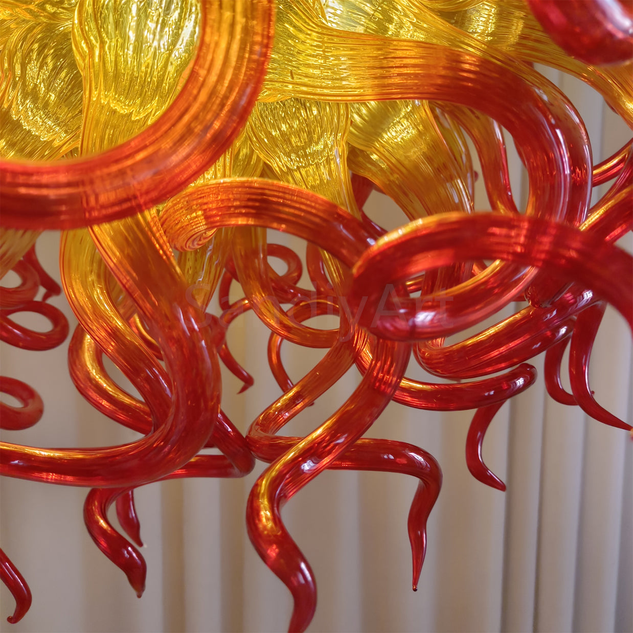 Orange to Amber Gradient hand made blown Art Deco chandelier spiral tendrils