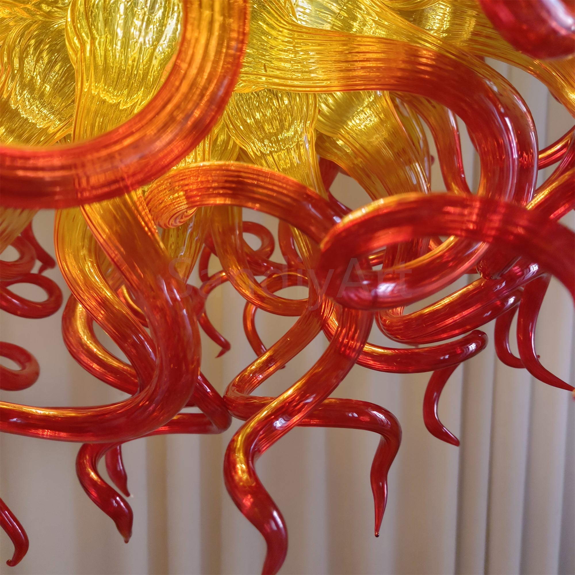 Orange to Amber Gradient hand made blown Art Deco chandelier spiral tendrils