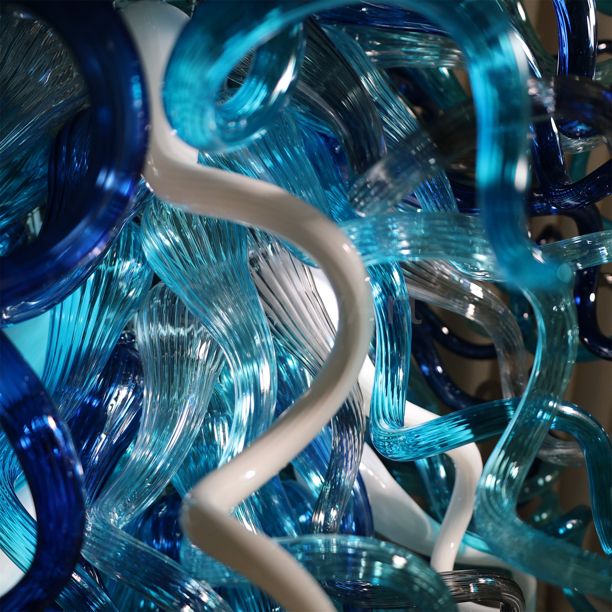 Double layer hand made blown glass blue chandelier staircase Artist similar to Chihuly