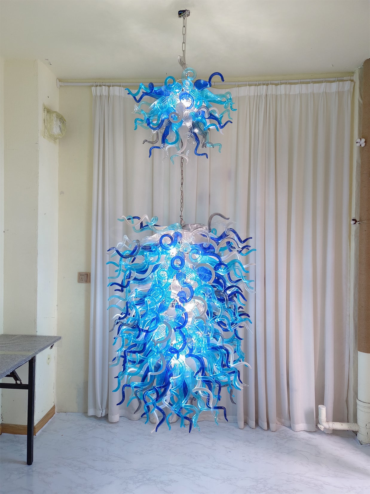 Double layer hand made blown glass blue chandelier staircase Artist similar to Chihuly