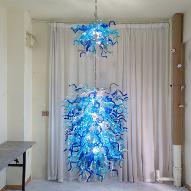 Double layer hand made blown glass blue chandelier staircase Artist similar to Chihuly