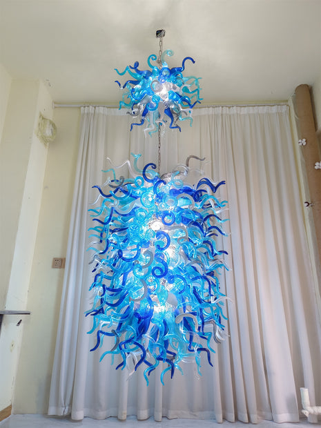 Double layer hand made blown glass blue chandelier staircase Artist similar to Chihuly