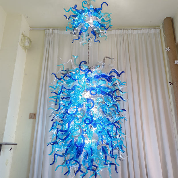 Double layer hand made blown glass blue chandelier staircase Artist similar to Chihuly