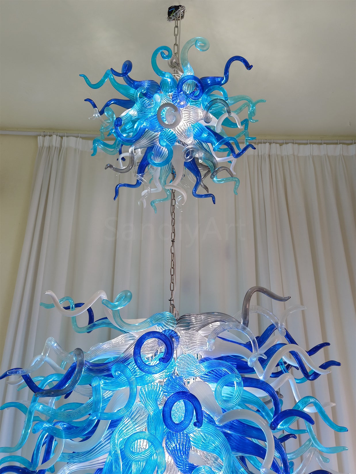Double layer hand made blown glass blue chandelier staircase Artist similar to Chihuly