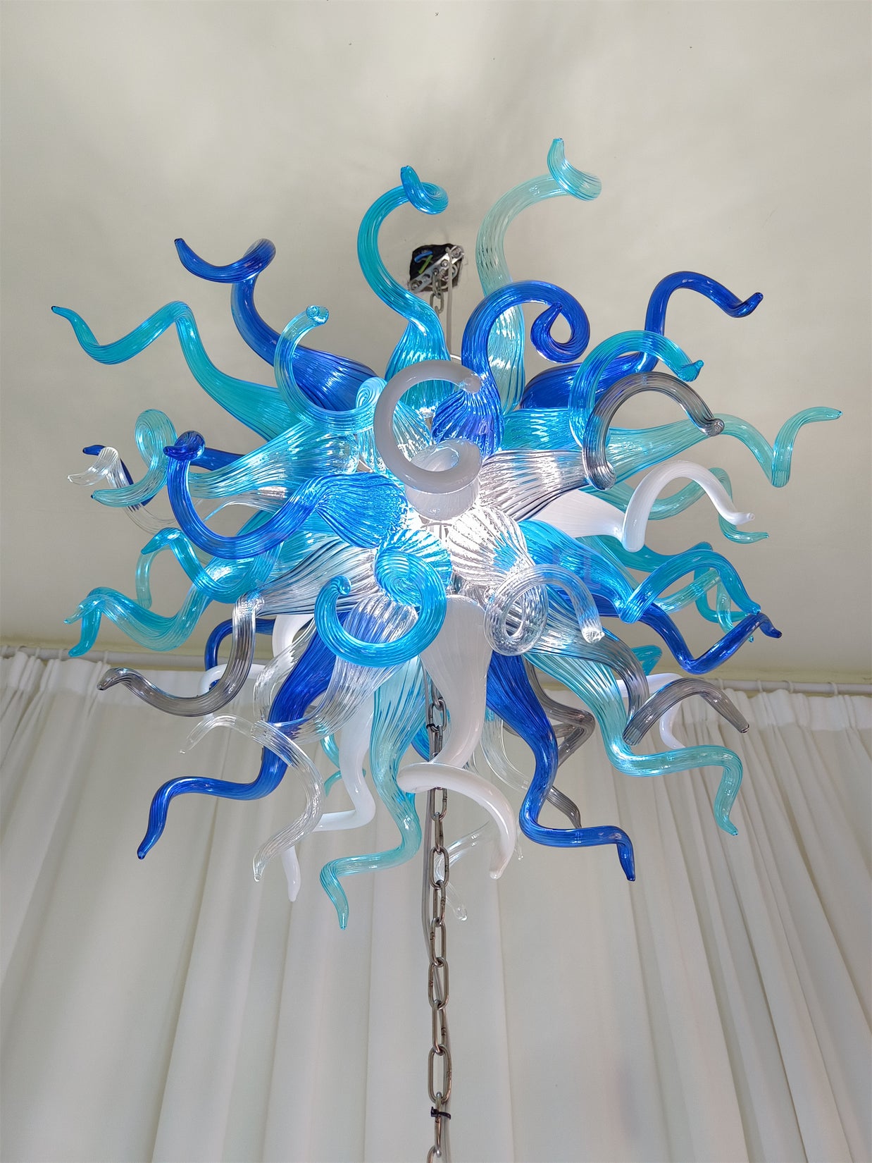 Double layer hand made blown glass blue chandelier staircase Artist similar to Chihuly