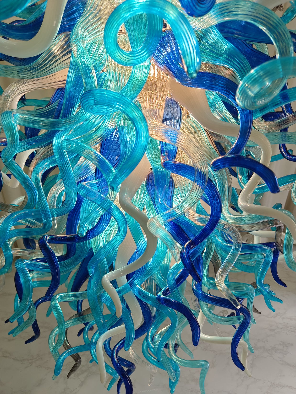 Double layer hand made blown glass blue chandelier staircase Artist similar to Chihuly