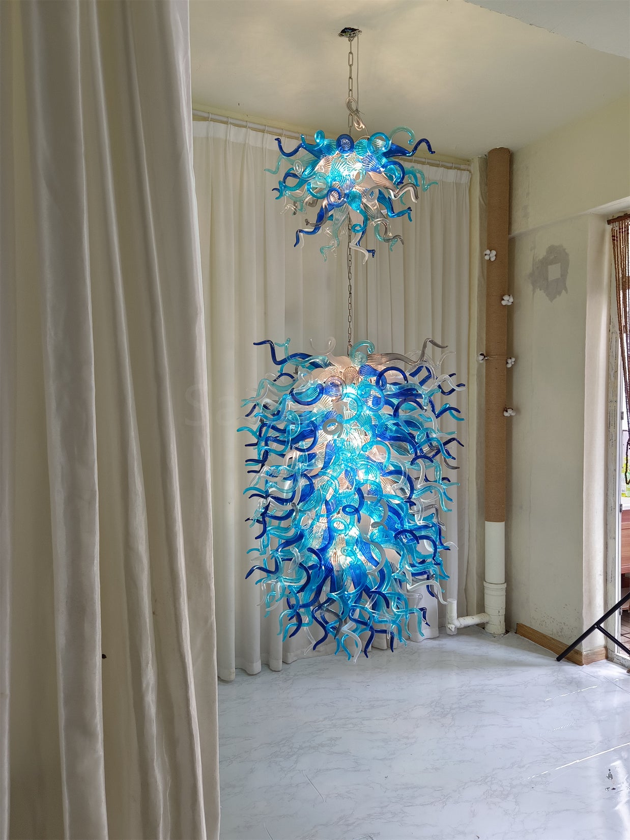 Double layer hand made blown glass blue chandelier staircase Artist similar to Chihuly