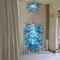 Double layer hand made blown glass blue chandelier staircase Artist similar to Chihuly