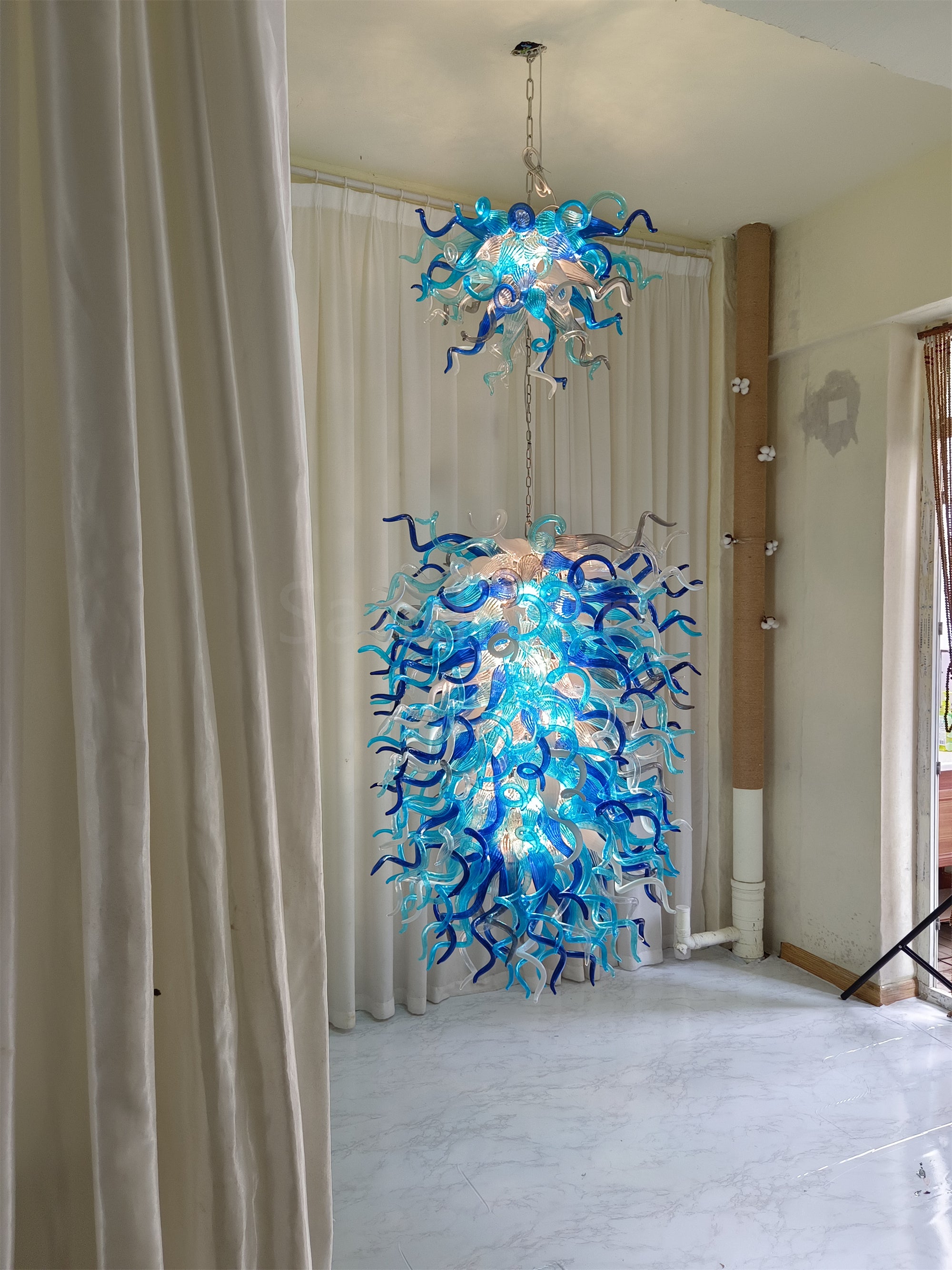 Double layer hand made blown glass blue chandelier staircase Artist similar to Chihuly