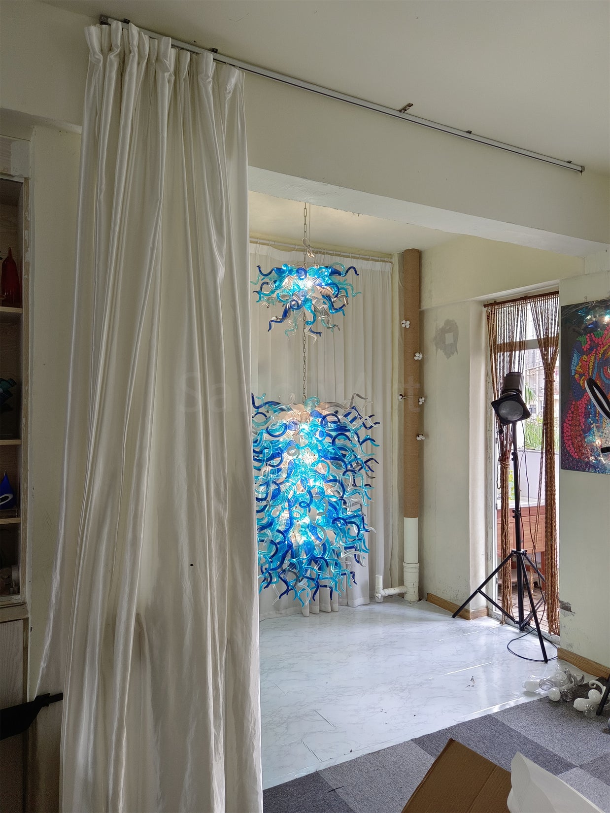 Double layer hand made blown glass blue chandelier staircase Artist similar to Chihuly