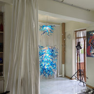 Double layer hand made blown glass blue chandelier staircase Artist similar to Chihuly