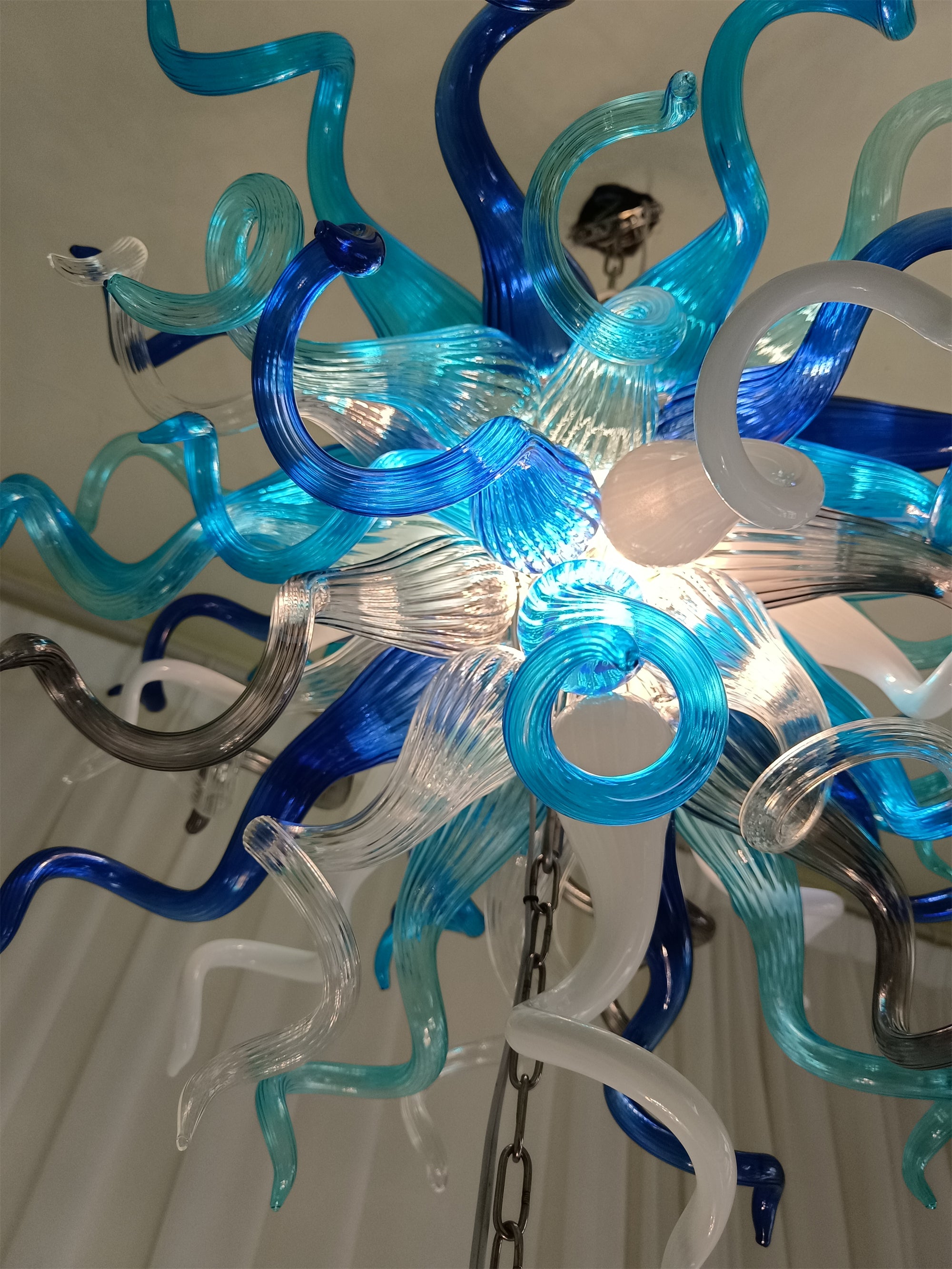 Double layer hand made blown glass blue chandelier staircase Artist similar to Chihuly