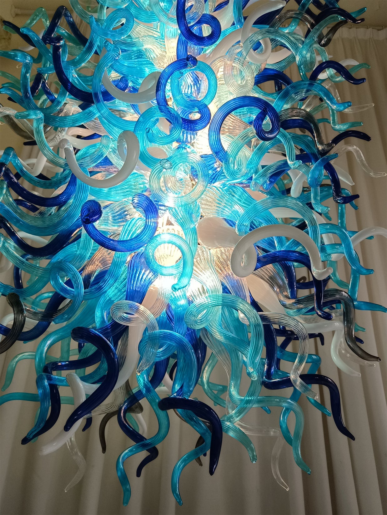Double layer hand made blown glass blue chandelier staircase Artist similar to Chihuly