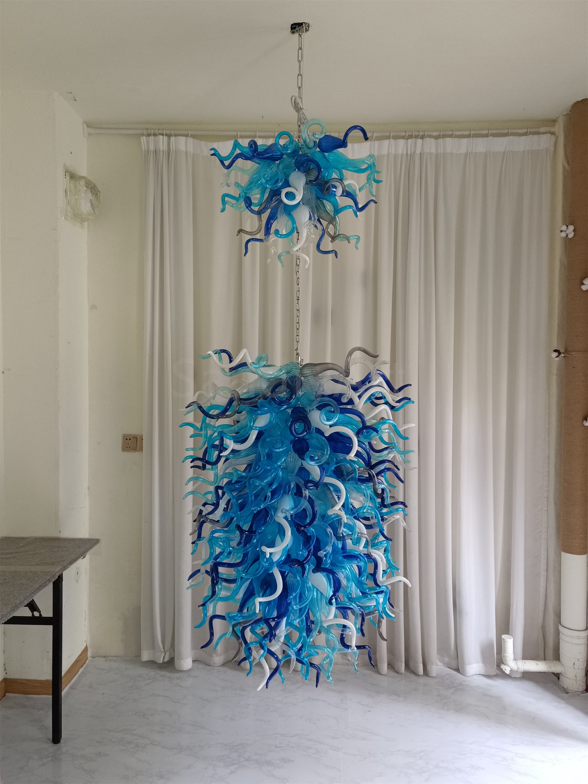 Double layer hand made blown glass blue chandelier staircase Artist similar to Chihuly