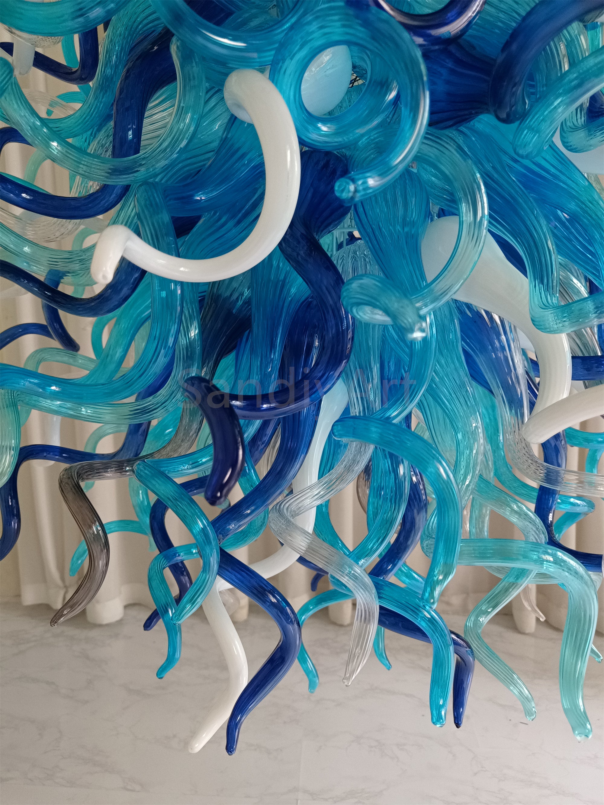 Double layer hand made blown glass blue chandelier staircase Artist similar to Chihuly