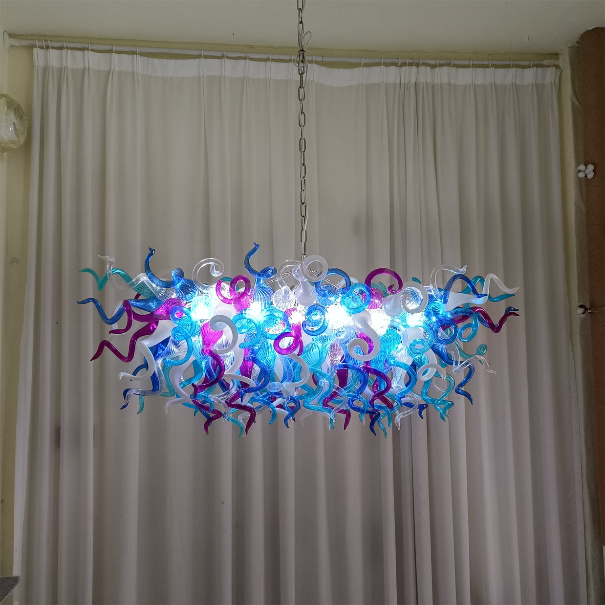 Custom design colorful hand made blown glass Chihuly inspired chandelier