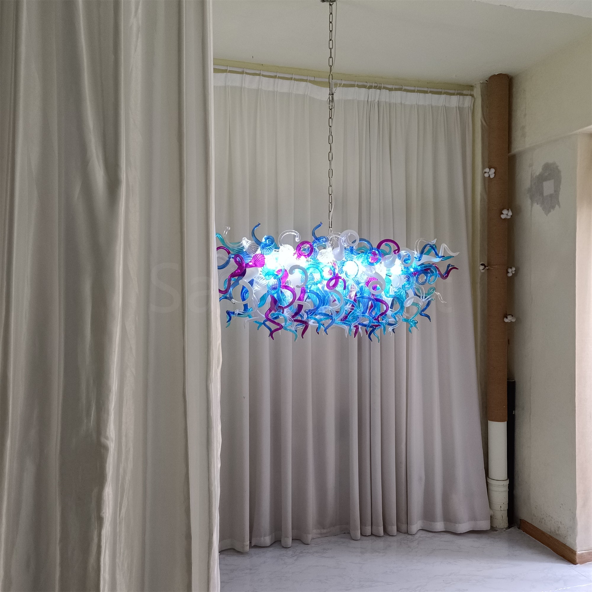 Custom design colorful hand made blown glass Chihuly inspired chandelier