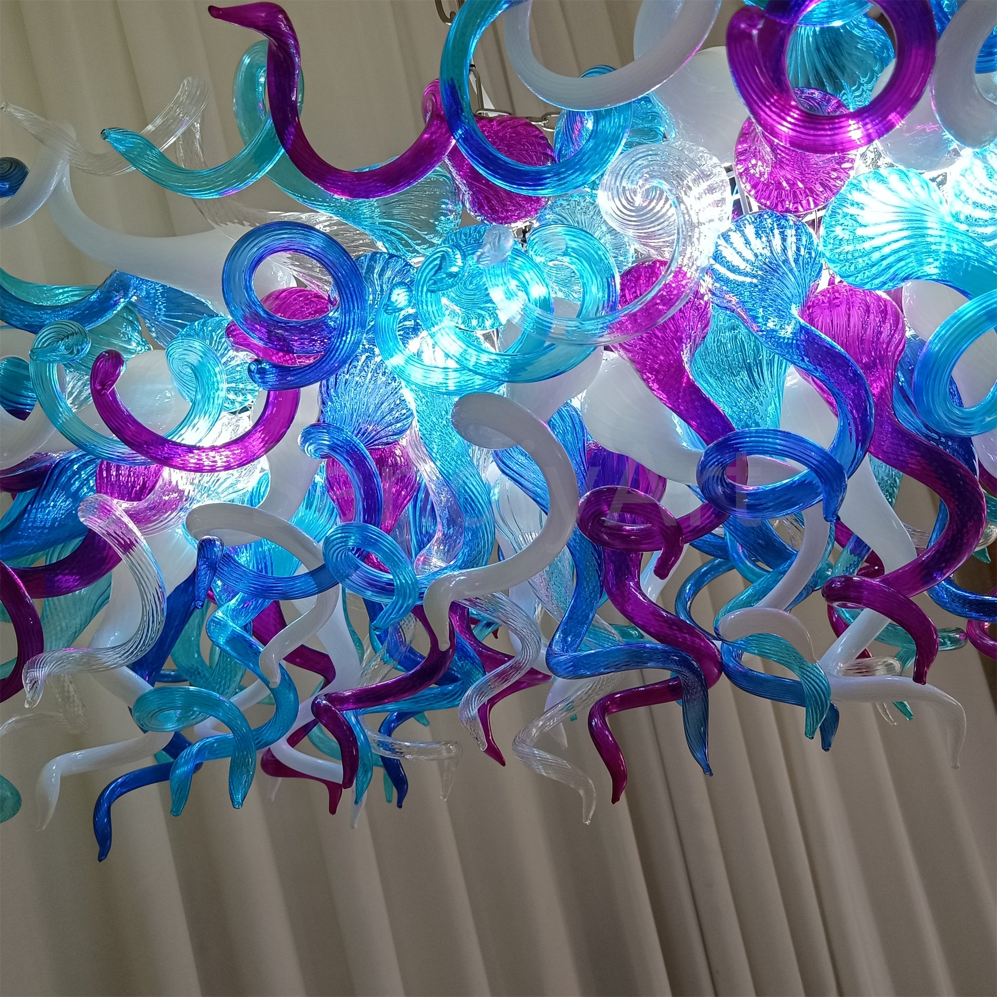 Custom design colorful hand made blown glass Chihuly inspired chandelier