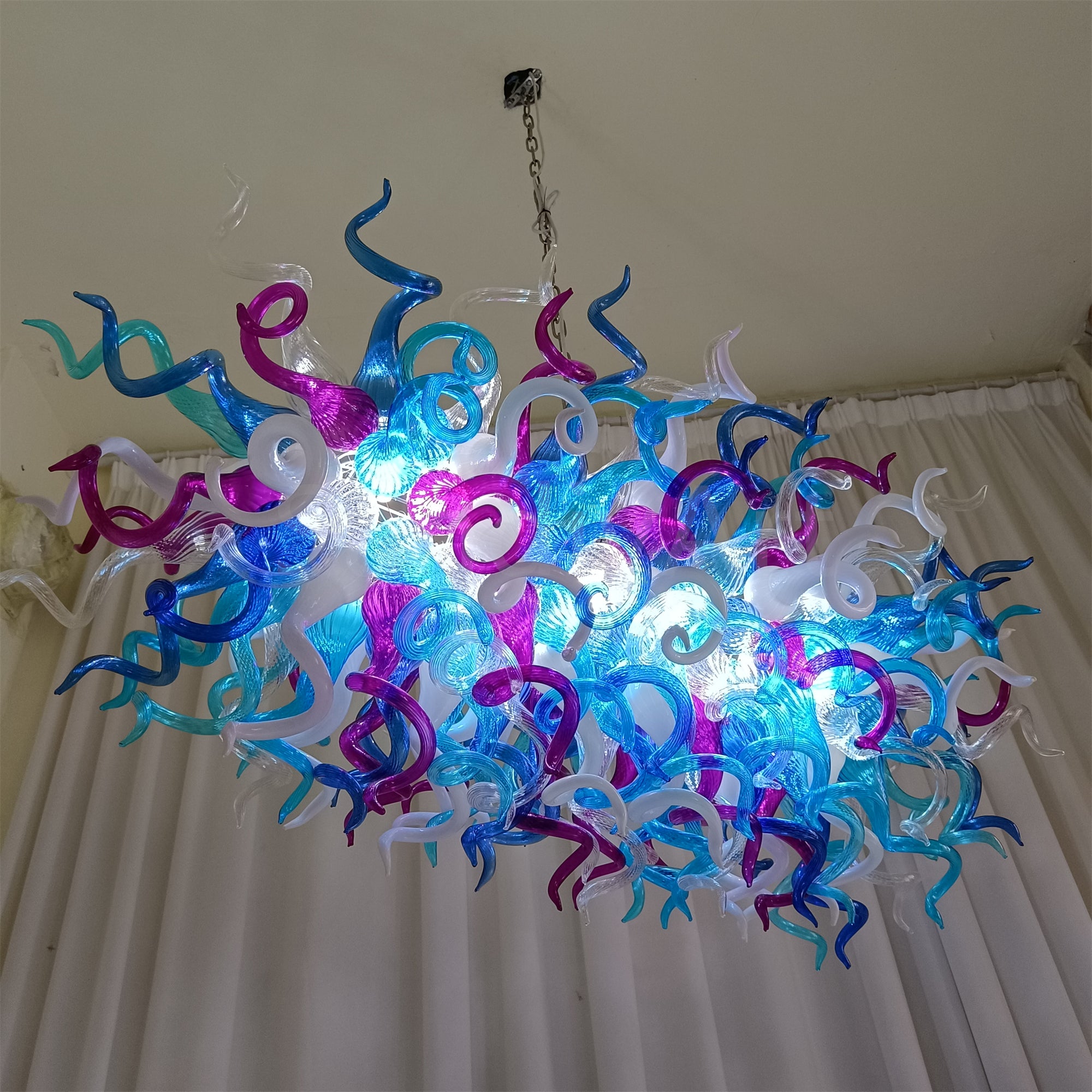 Custom design colorful hand made blown glass Chihuly inspired chandelier