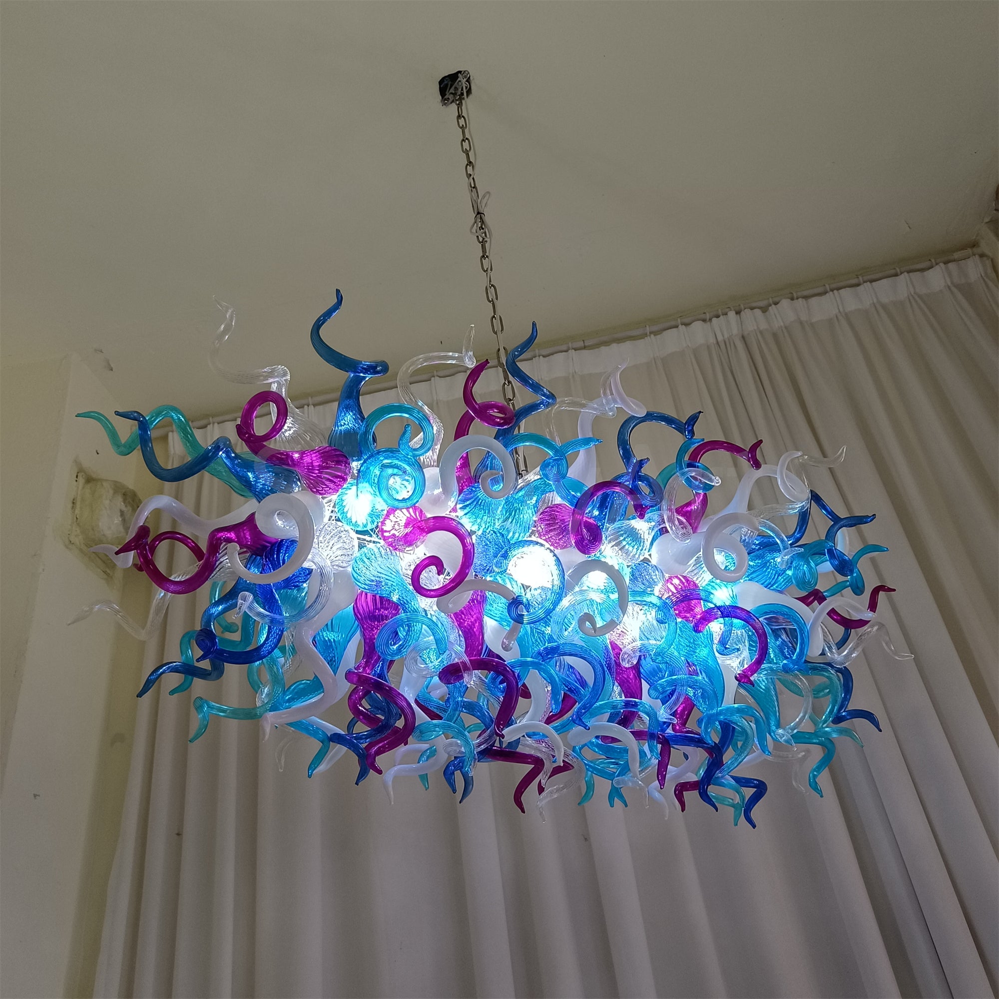 Custom design colorful hand made blown glass Chihuly inspired chandelier