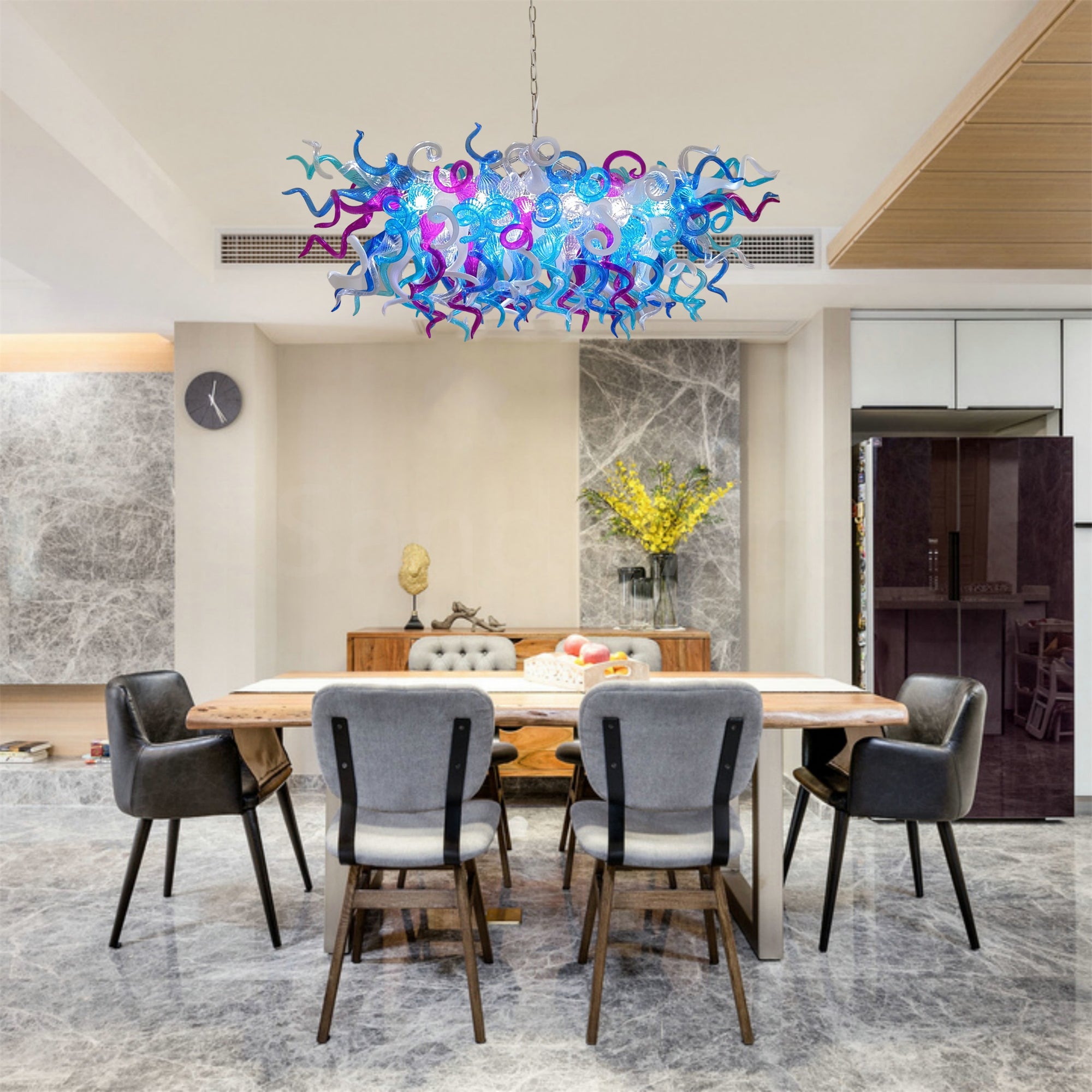 Custom design colorful hand made blown glass Chihuly inspired chandelier
