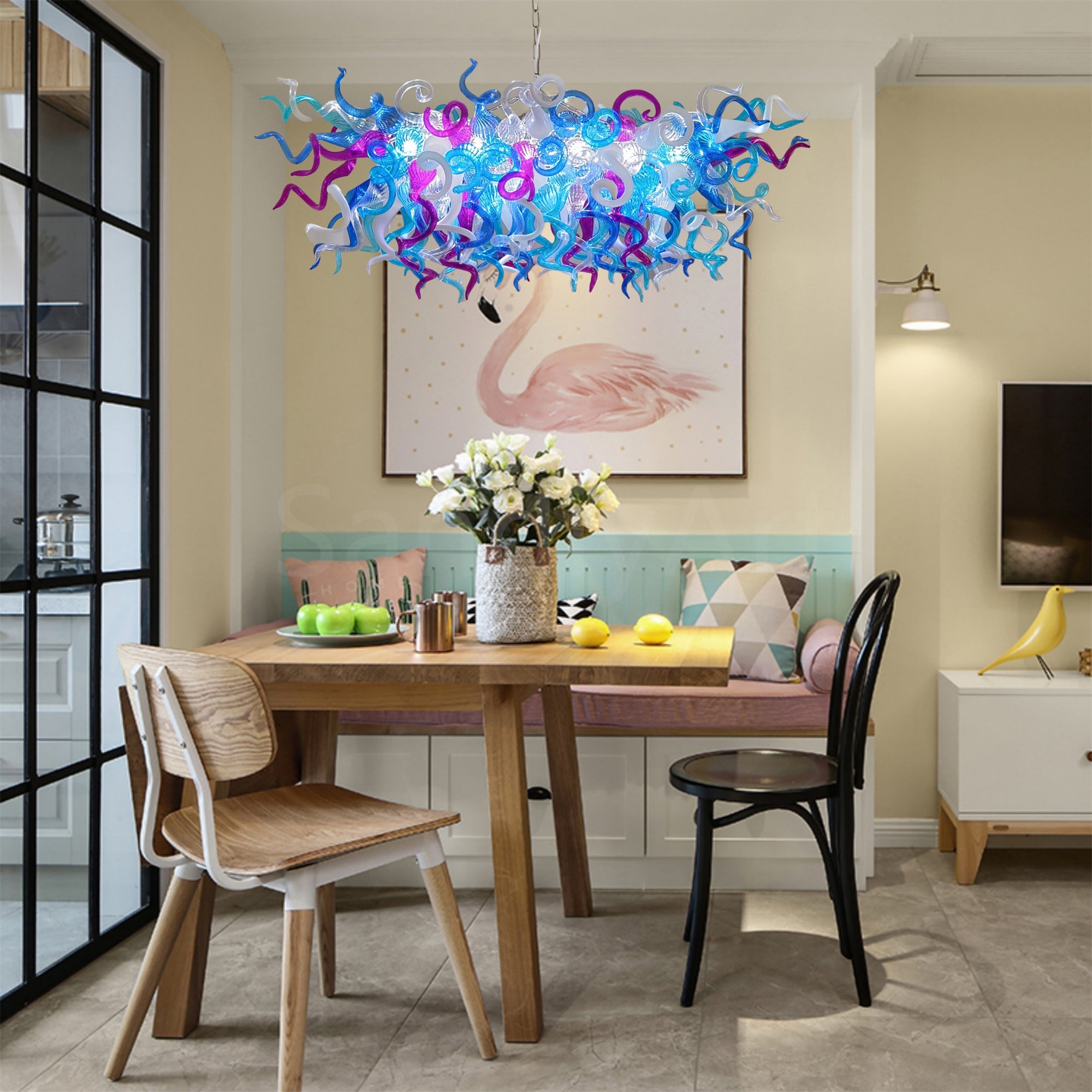 Custom design colorful hand made blown glass Chihuly inspired chandelier