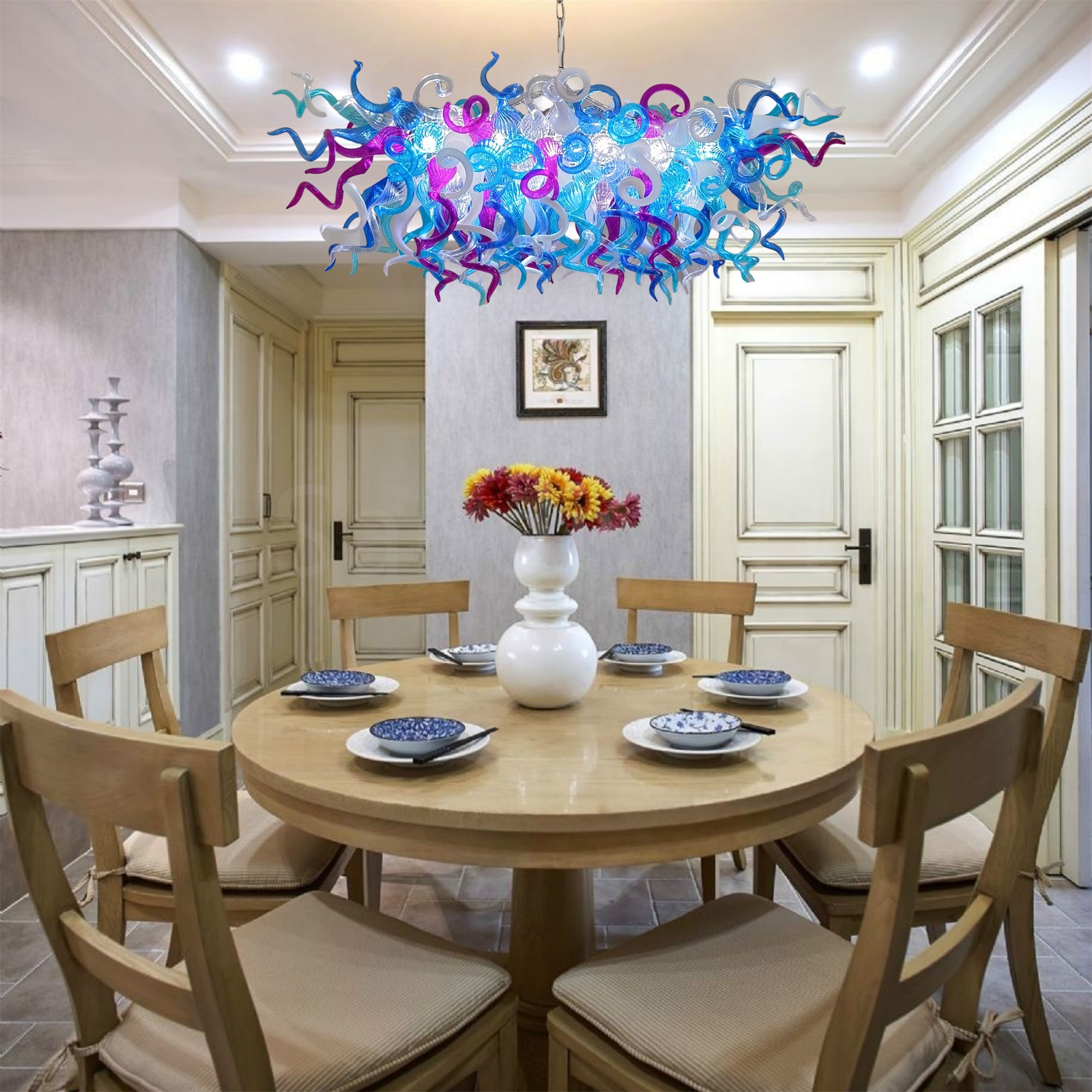 Custom design colorful hand made blown glass Chihuly inspired chandelier