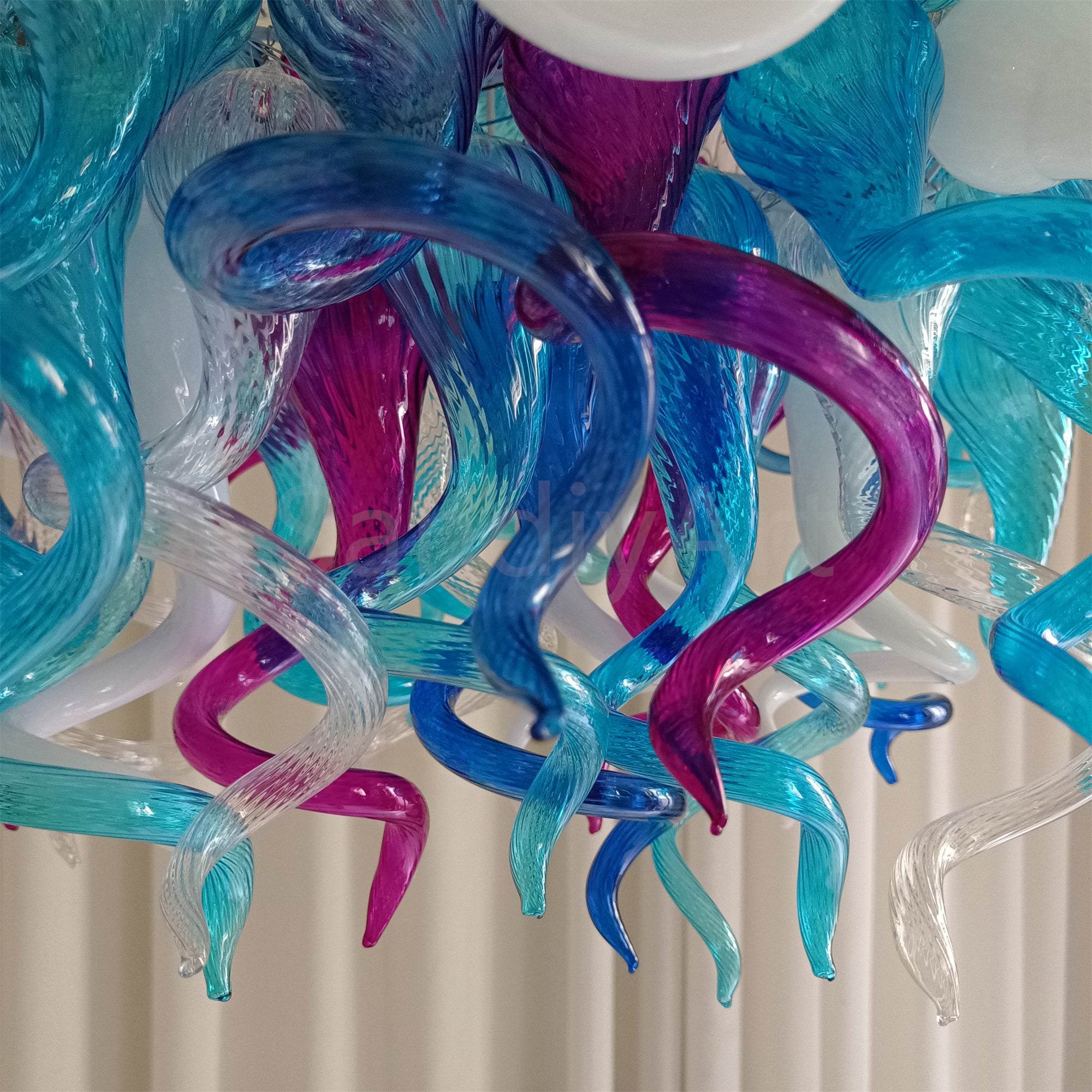 Custom design colorful hand made blown glass Chihuly inspired chandelier