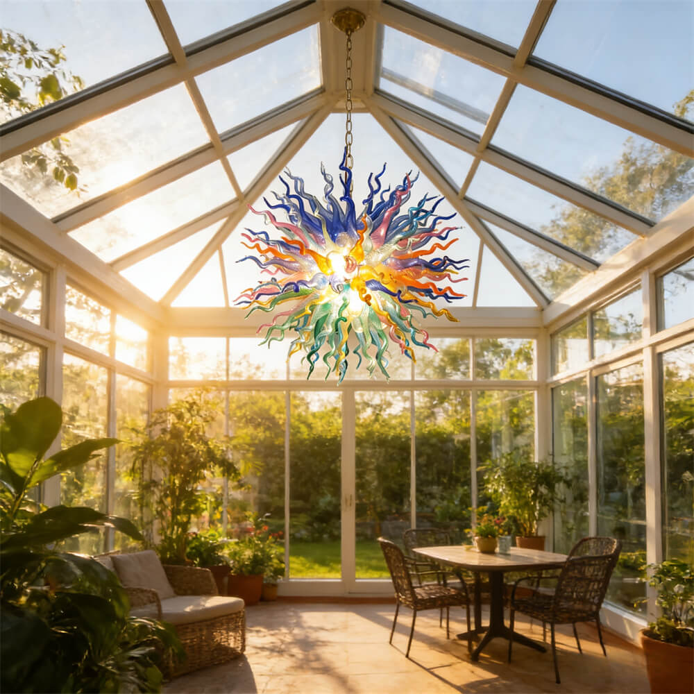 Chihuly style colorful custom blown glass chandeliers
