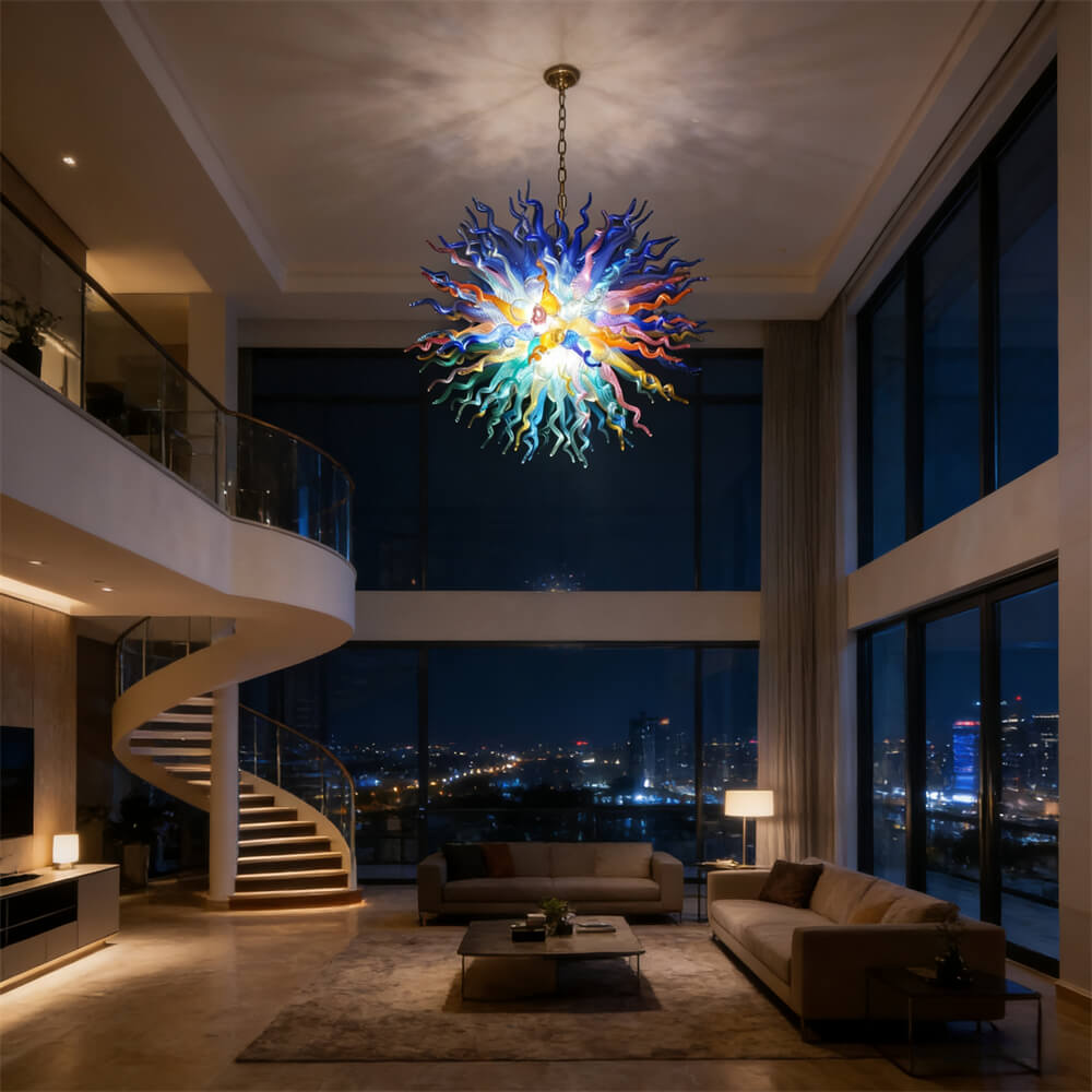 Chihuly style colorful custom blown glass chandeliers