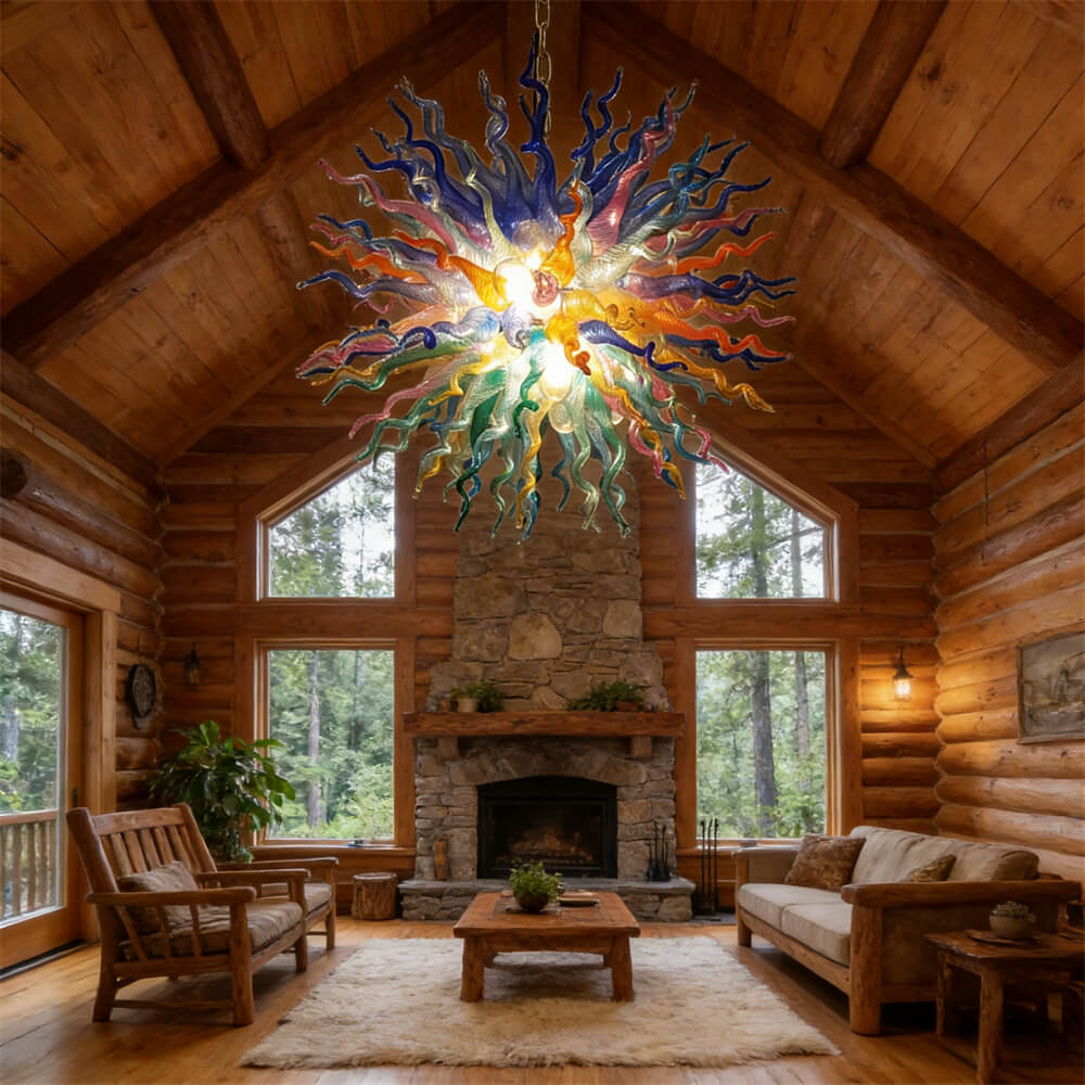 Chihuly style colorful custom blown glass chandeliers