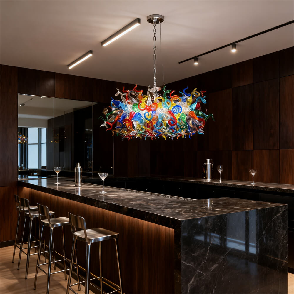 colorful blown glass dining room chandelier