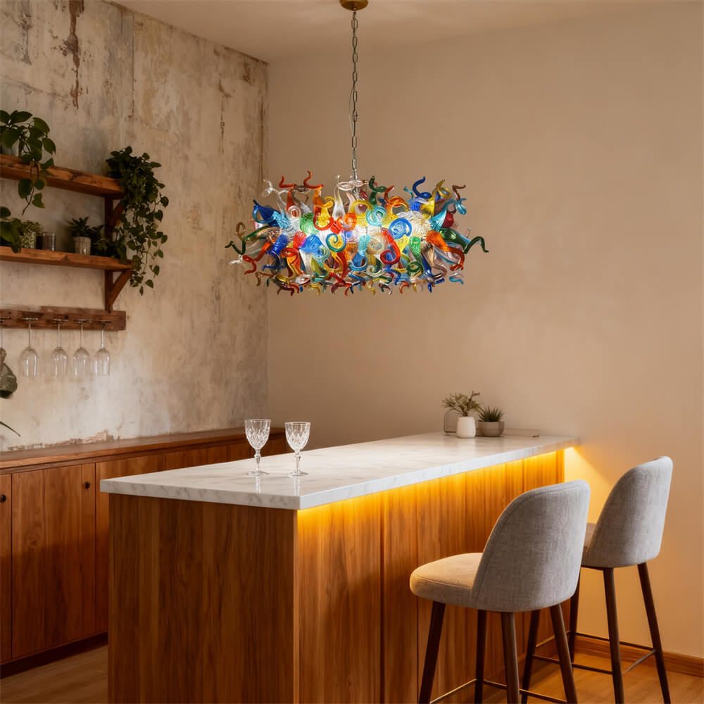 colorful blown glass dining room chandelier
