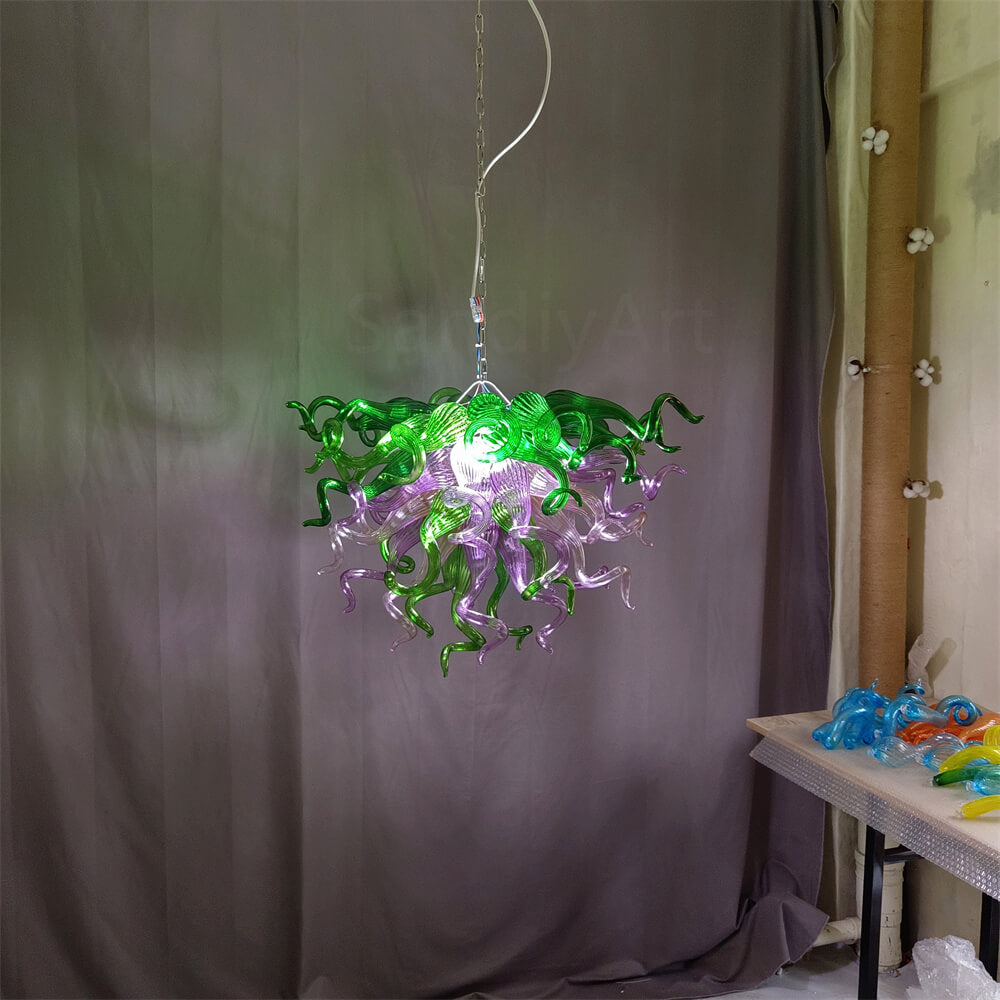 Green and pink color blown glass chandelier custom design chihuly style lighting