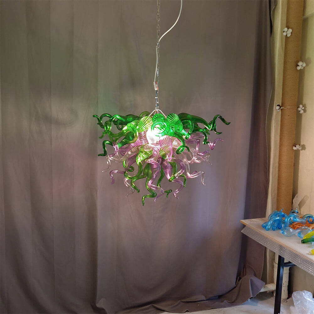 Green and pink color blown glass chandelier custom design chihuly style lighting