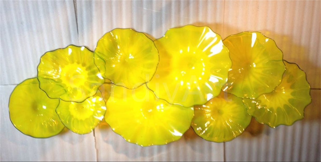 12pcs hand made Yellow blowm murano glass platters with spiral tendrils chihuly style art wall decoration glass