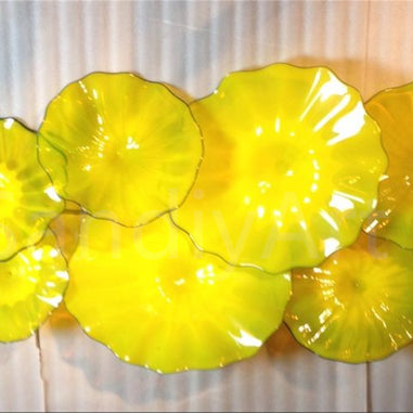 12pcs hand made Yellow blowm murano glass platters with spiral tendrils chihuly style art wall decoration glass