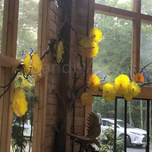 12pcs hand made Yellow blowm murano glass platters with spiral tendrils chihuly style art wall decoration glass
