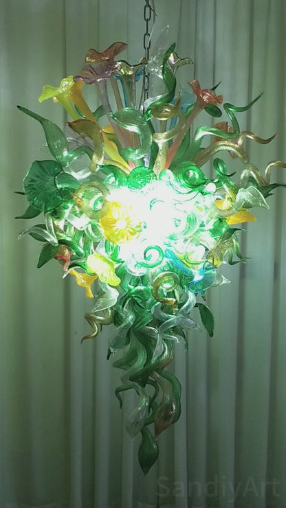 Inspiration from nature Custom glass chandelier with green leaves and red orange pink flowers