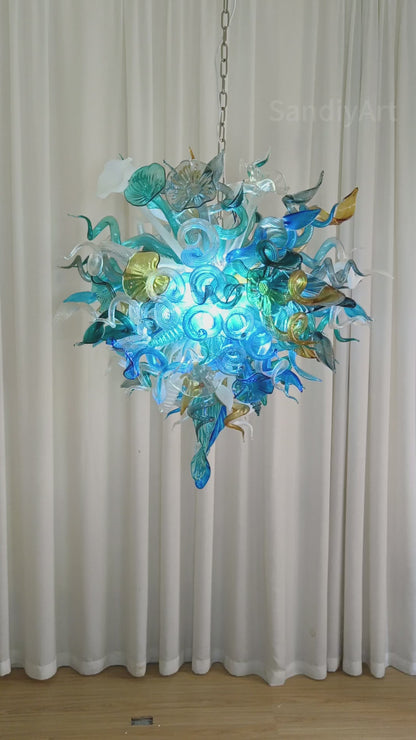 Chihuly style hand made blown glass mixed blue color chandelier ligthing art