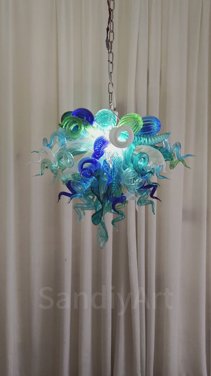 Blue and green blown glass chandelier for dining room