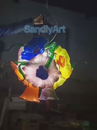 Multicolor hand made art blown glass flower chandelier