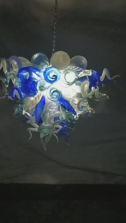 DIY hand blown glass chandelier blue with white color for dining room