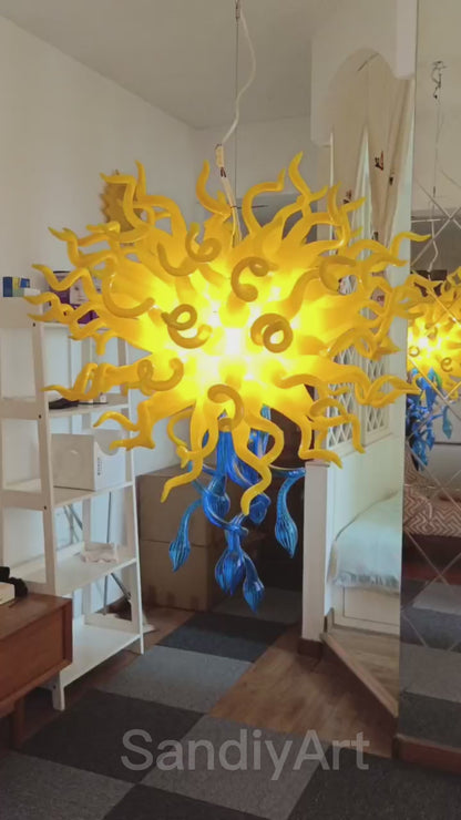 Top yellow and bottom blue color design mouthblown glass chandelier special design